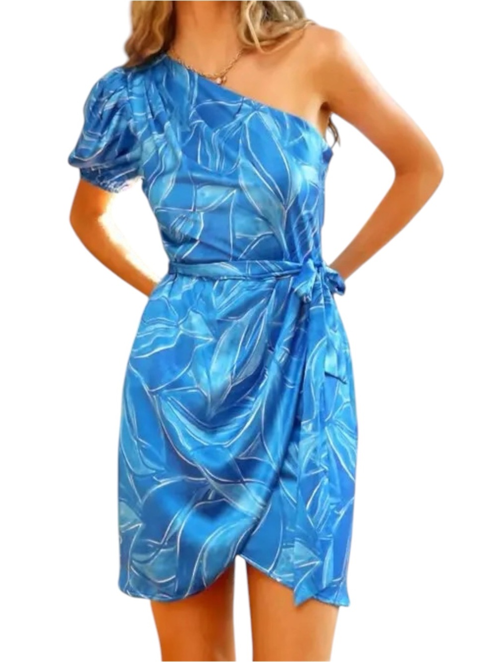 Adelyn Rae One-Shoulder Sonia Puff Sleeve Blue Tropical Wrap Tie‎ Belt Dress XL